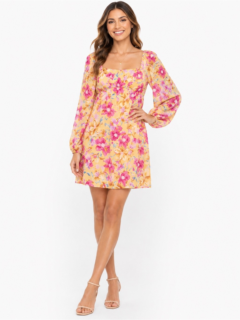 Eclair Floral Babydoll Dress Yellow Pink Long Sleeve Mini Dress Size L Romantic